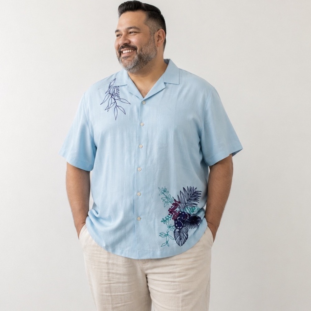 Tommy Bahama Shirt Men 3XLB Blue Embroidered Floral 100% Silk Camp Short Slveeve
